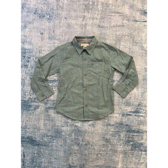Calvin Klein Jeans Green Micro Stripe Long Sleeve Button Down Boys Small - Picture 1 of 5